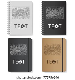 Fairy tale castle on the  realistic notepad (diary).Template for advertising, branding and corporate identity. Mockup for design. Vector illustration.