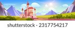 Fairy tale castle on summer mountain landscape. Vector cartoon illustration of medieval royal palace building, green valley surrounded by rocks, sun shining in blue sky with clouds. Fantasy kingdom