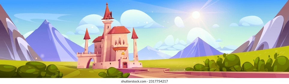 Fairy tale castle on summer mountain landscape. Vector cartoon illustration of medieval royal palace building, green valley surrounded by rocks, sun shining in blue sky with clouds. Fantasy kingdom