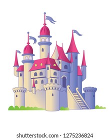 Fairy tale castle on a white background. Illustration of a child. Vector