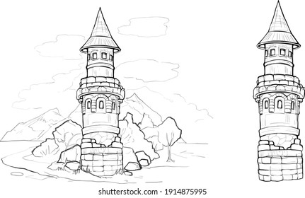 Fairy Tale Castle Outline Illustrations drawn black  tower linear freehand drawing clipart for coloring. Cartoon old high brick building, children's fairy tale princess house guarded by dragon  