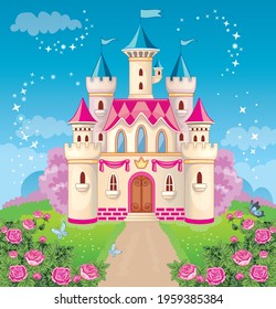 Fairy tale castle for Princess, magic kingdom. Vintage tower on a fabulous background. A toy palace for a girl. Flower meadow. Wonderland. Children's cartoon illustration. Romantic story. Vector.