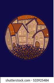 Fairy tale castle in round shape of sun. Creative idea of city shape in the night.