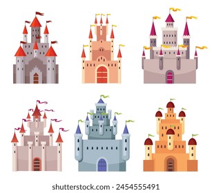 Fairy tale castle set. Medieval royal mansion architecture. Beautiful fairy-tale towers for princess, historic fortified buildings. Knight castle. Isolated cartoon vector illustration