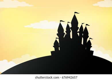  Fairy Tale Castle Silhouette on Hill Against The Sunset Sky Vector Illustration.