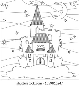 Fairy tale castle in the Sky. Vector illustration for coloring page, isolated on white background