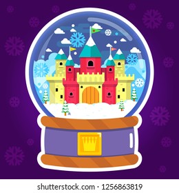 Fairy tale Castle in Snow Glass Globe in Winter Season, Snowfall and Snowflakes.