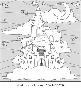 Fairy tale castle in the starry sky. Vector illustration for coloring page