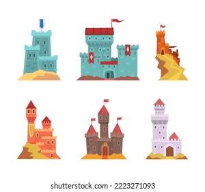 Fairy Tale Castle with Stone Tower, Castellation Walls and Flags Vector Set svg