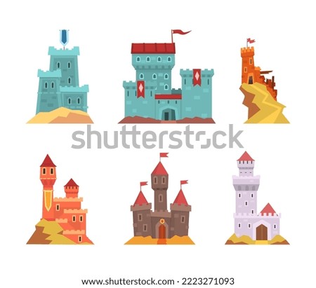 Fairy Tale Castle with Stone Tower, Castellation Walls and Flags Vector Set