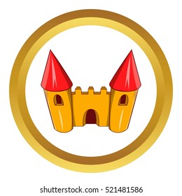 Fairy tale castle vector icon in golden circle, cartoon style isolated on white background