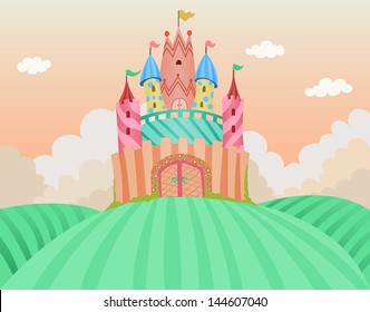 Fairy tale castle vector layered illustration. Cute, sweet, candy colors, good for kids, girly designs.  Available in Illustrator 8.  / Fairy Tale Castle