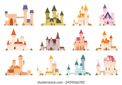 Castillos de cuento de hadas. Caricatura mágica palacio del reino. Casa real. Fabuloso edificio alto medieval con torre y ciudadelas. Castillo de princesa de hadas para la historia. Vector colección. Misteriosa fortaleza