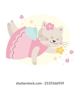 Fairy tale cat with flower vector illustration