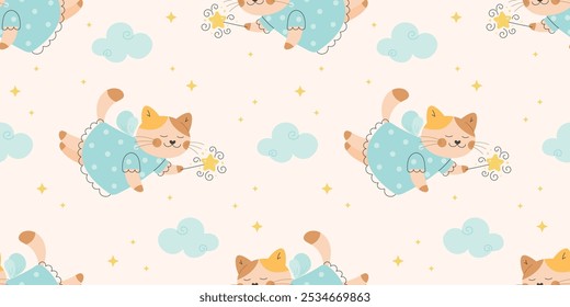 Fairy tale cat with a magic wand seamless pattern