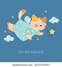 Fairy tale cat with a magic wand greeting card