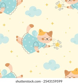 Fairy tale cat with a magic wand seamless pattern