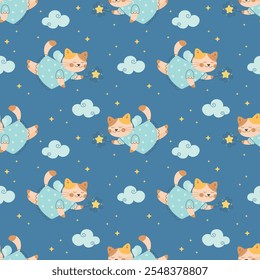 Fairy tale cat with a magic wand seamless pattern