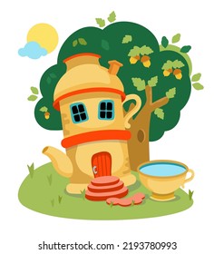 Casa de tetera de cerámica de cuento de hadas con piscina de té en el bosque, con un fondo de árbol. Construir en estilo de dibujos animados para el diseño de la escena. Ilustración vectorial.