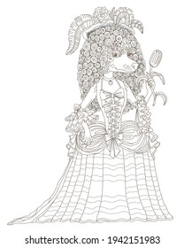 Fairy tale character of a female poodle dog dressed in a vintage costume, a hat with rose flower and feathers. Brown contour doodle sketch. Tee-shirt print, adults and children coloring book page 