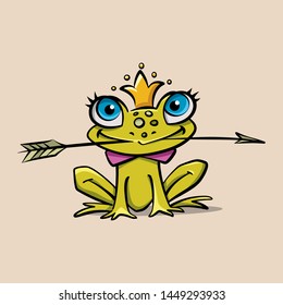 fairy tale character frog princess in a crown 
with an arrow