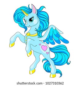 Fairy tale character horse. Cartoon unicorn. Blue unicorn with long mane. Vector isolated. Character is fabulous. Element for design.