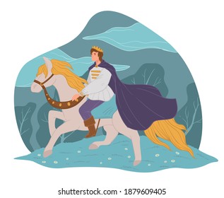 Fairy tale character, prince riding on white horse. Male personage with cape and crown, fantasy man horseback. Dream or magic kingdom. Nobleman or hero, romantic person. Vector in flat style