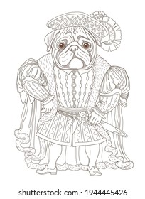 Fairy tale character of a pug dog dressed in a vintage Renaissance costume, a hat with feather, fur coat. Linear brown contour doodle sketch. Tee-shirt print, adults and children coloring book page 