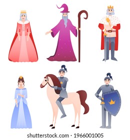 Fairy tale character set in cartoon childish style isolated on white background, fantasy kingdom for children books illustration