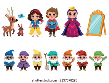 Fairy tale character set with princess, prince, evil queen and seven dwarfs. Vector illustration for kids. 