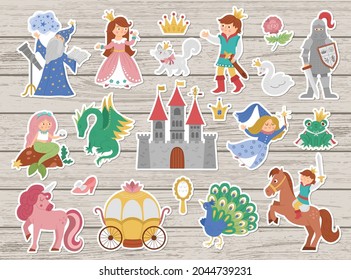 Fairy tale character stickers collection. Big vector sticker pack with fantasy princess, prince, witch, knight, unicorn, dragon. Medieval fairytale castle patches pack. Cartoon magic icons