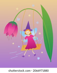 Fairy tale character, thumbelina swinging on a swing on the flower. Vector illustration.