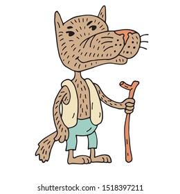 Fairy tale character is the wolf. Cartoon character-funny wolf. Doodles, hand-drawn. Vector illustration
