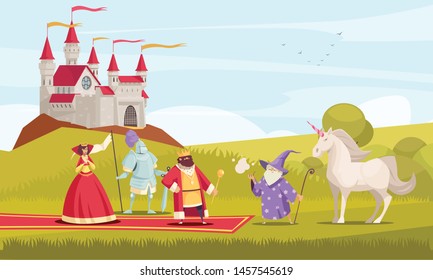 Fairy tale characters background with king queen and knight flat vector illustration