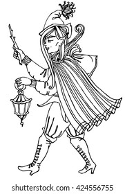 The fairy tale characters: boy with a lantern and a branch