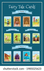 Fairy tale characters cartoon cards with magical royalty forest dwellers and cave dwellers types vector illustration