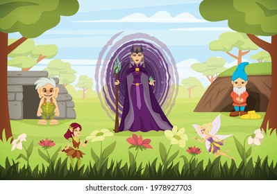 Fairy tale characters cartoon colored composition with the evil sorceress is standing with dwarves and little fairies around her vector illustration