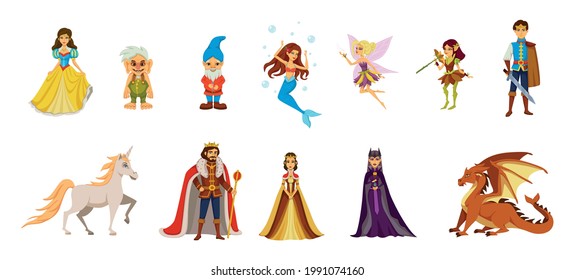 Caracteres de cuento de hadas icono de caricatura conjunto con enanos trolls princesas hadas príncipes y otros personajes de hadas ilustración vectorial