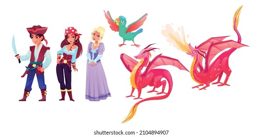 Fairy tale characters. Cartoon pirates, princess, parrot, good and evil fire-breathing dragon isolated on white background