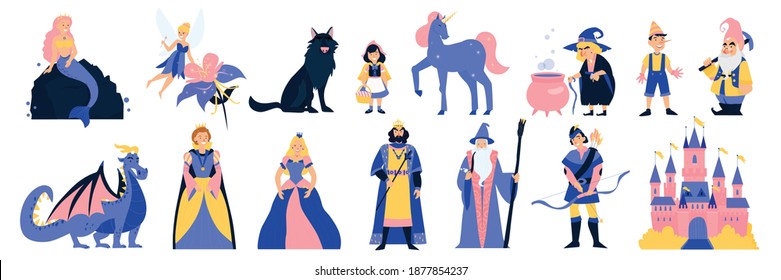 Personajes de cuento de hadas conjunto de dibujos animados de la reina real princesa dragón de sirena unicornio pequeña capucha roja con ilustración de vector aislado de lobo