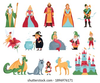 Fairy tale characters cartoon set of mermaid thumbelina dragon unicorn pinocchio little red riding hood with wolf isolated vector illustration