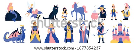 Fairy tale characters cartoon set of king queen princess mermaid dragon unicorn little red riding hood with wolf isolated vector illustration