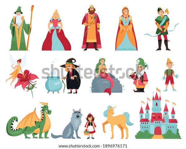 Fairy tale characters cartoon set of mermaid\
thumbelina dragon unicorn pinocchio little red riding hood with\
wolf isolated vector\
illustration