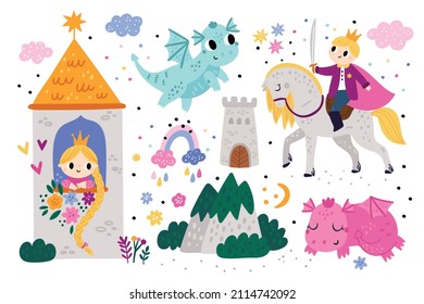 Fairy tale characters in cartoon style. King and queen, castle, prince on horseback with a sword, princess, flying dragon, fabulous forest, magic mountains.  Children's fantasy drawing vector 