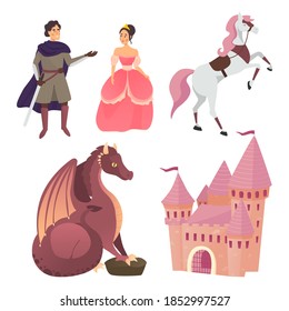 Fairy tale characters with castle. Dragon, prince and princess  with a magic castle fairy tale. Fairy tale characters are set in different costumes. Vector illustration