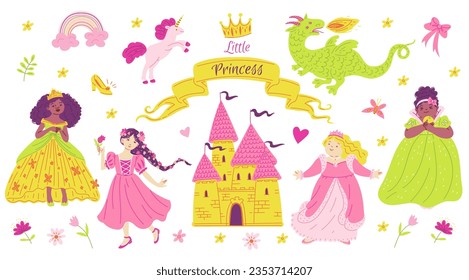 Fairy tale characters collection set. Multi ethnic princesses in beautiful dresses. Castle, dragon, unicorn, rainbow vector cartoon illustrations isolated on white. Romantic fabulous girls, Cinderella