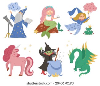 Fairy tale characters collection. Vector set of fantasy witch, unicorn, dragon, fairy, magician, mermaid, frog prince. Medieval fairytale castle pack. Cartoon magic icons for kids.
