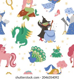 Fairy tale characters collection. Vector set of fantasy witch, unicorn, dragon, fairy, magician, mermaid, frog prince. Medieval fairytale castle pack. Cartoon magic icons for kids.
