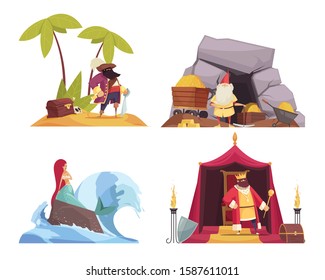 Fairy tale characters concept icons set with pirate and mermaid flat isolated vector illustration