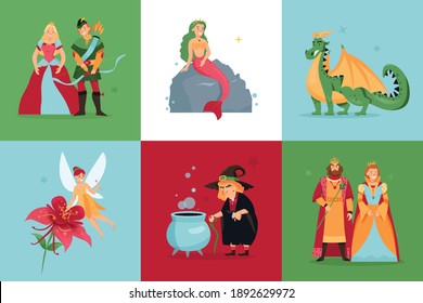 Fairy tale characters design concept set of six color square icons with elf mermaid gnome royal family members vector illustration